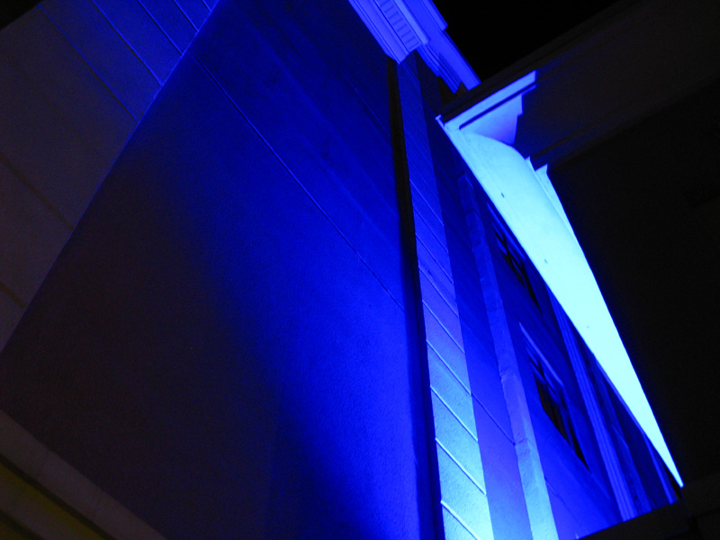 It looks like an abstract but it's really the blue lights illuminating the outside of our hotel.